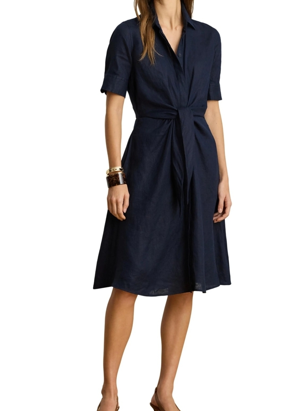 Lauren Ralph Lauren Tie-Front 100% Linen Shirtdress in Lauren Navy